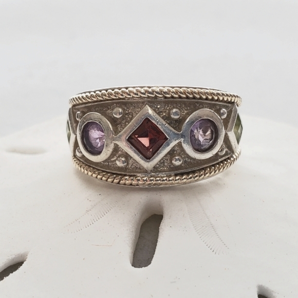 Sterling Silver/14K Ring with Garnet, Amethyst, and Peridot 6.75 Vintage - Picture 10 of 16